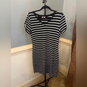 Talbots Black and White Striped Mini‎ Dress small petite twist sleeve accent